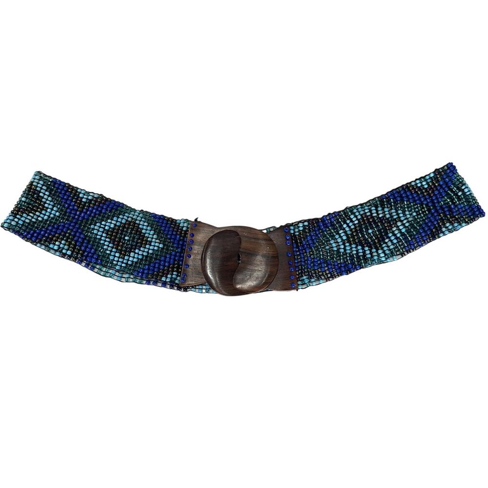 Vintage Boho Hippie Beaded Stretch Belt Wide Blue Tribal Geometric Southwestern